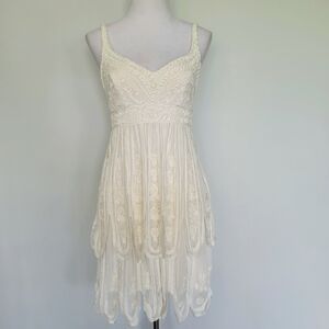 Sue Wong Cream Lace Mini Formal Dress Scalloped Hem Embroid Bridal Wedding Sz 2